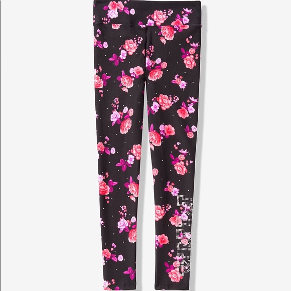 ❗️LAST💕VS PINK BLACK FLORAL BLING COTTON LEGGINGS - Picture 3 of 5
